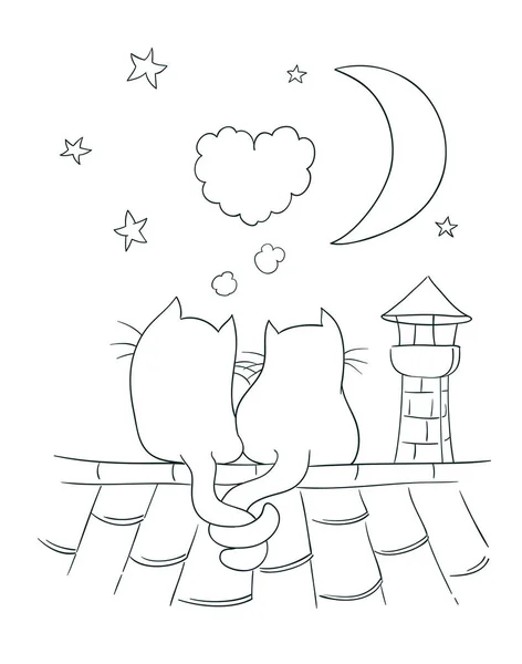 Dwa małe słodkie koty na dach z bańki w kształcie serca, Księżyc, s — Wektor stockowy