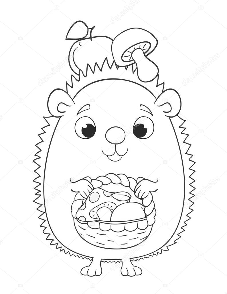 Cute cartoon hedgehog with basket, apples and mushrooms. Colorin