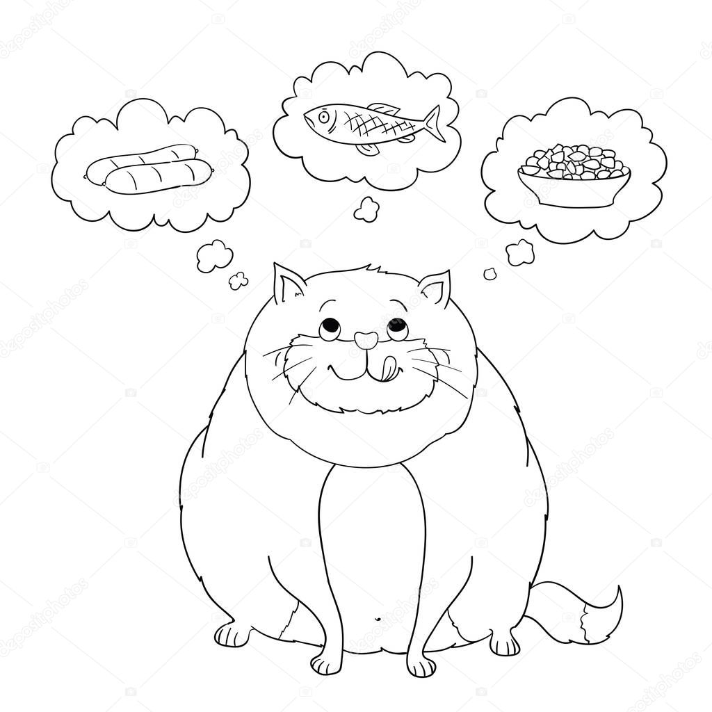 Funny cartoon fat cat thinking about sausage, fish, food. vector