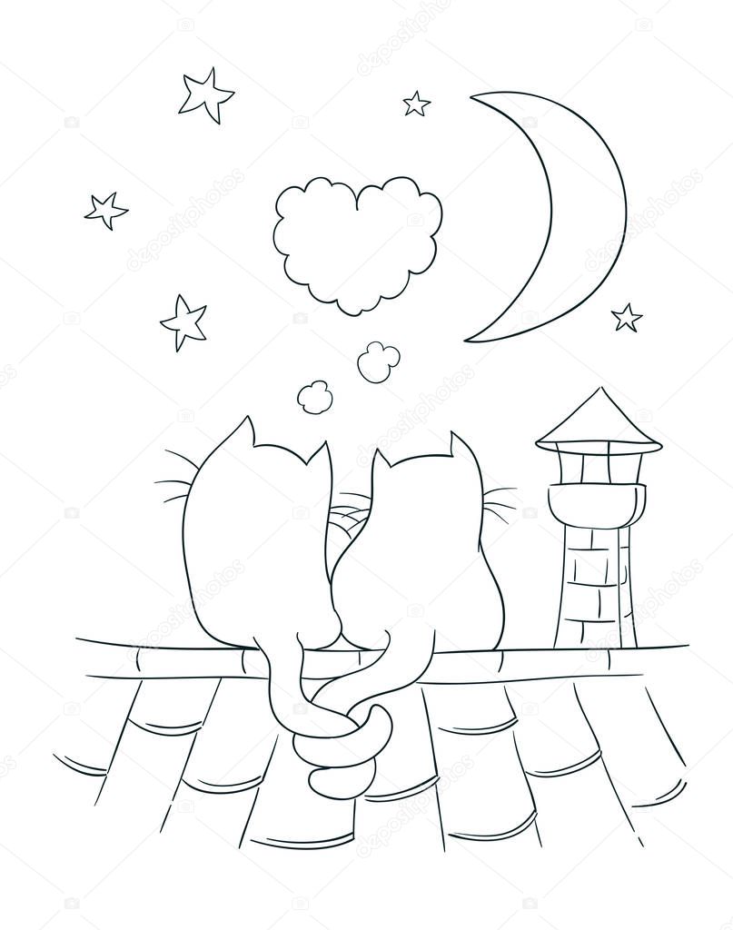 Two little cute cats on a roof with heart shaped bubble, moon, s