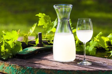 Şarap kadehi ve fıçı şarap elma şarabı ayakta ile sürahi