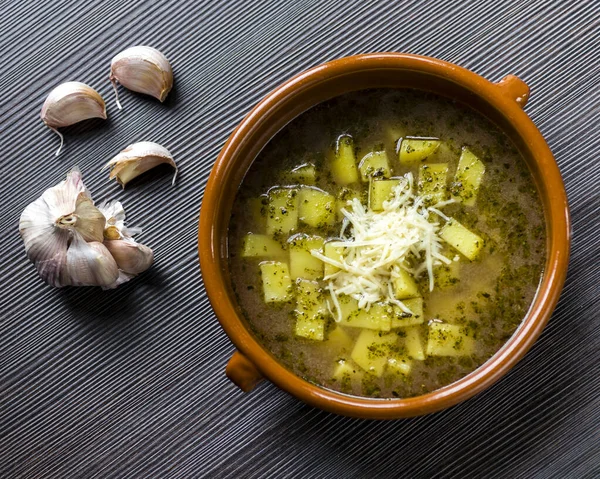 Garlic soup with potatoes and marjoram — Stock Image Garlic soup with potatoes and marjoram Stock Picture