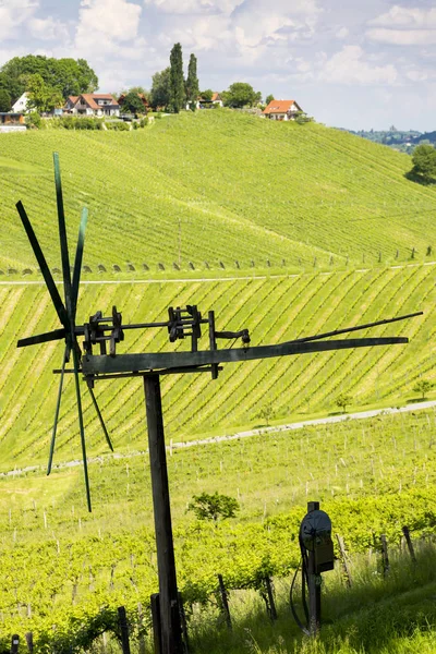 Vinice s větrným mlýnem zvaného klapotetz jižně od Štýrska, Aust — Stock fotografie