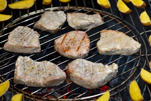 Thon grillé avec pommes de terre sur le gril de jardin — Photo