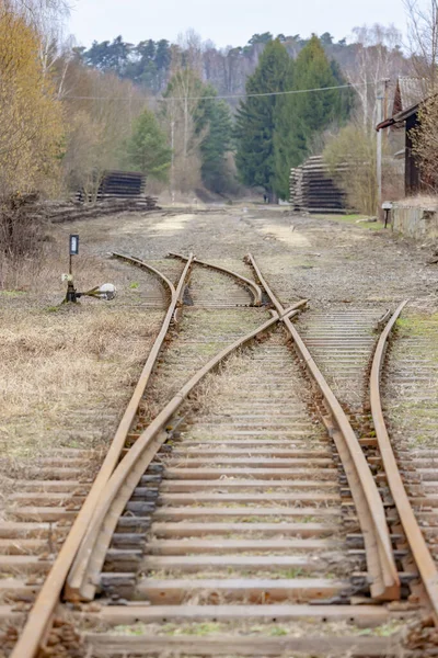 Liquidazione di vecchi binari sulla linea ferroviaria annullata, Repubblica Ceca — Foto Stock