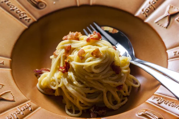 Pasta Carbonara Met Spek Parmezaanse Kaas — Stockfoto