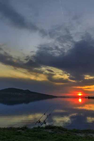 Pôr Sol Sobre Lago Nove Mlyny Região Palava Morávia Sul — Fotografia de Stock