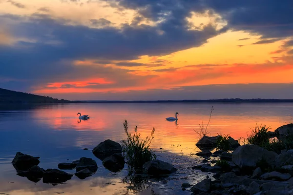 チェコ共和国南モラヴィアのパラヴァ地方のノーヴ ムリニー湖に沈む夕日 — ストック写真