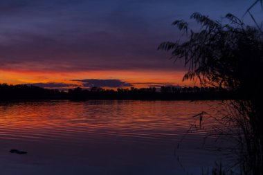 Güney Bohemya, Çek Cumhuriyeti 'nin Pisek kasabası yakınlarındaki Rezabinec gölünün üzerinde gün batımı