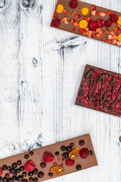 Naturaleza Muerta Chocolate Con Diferentes Tipos Frutas Secas — Foto de Stock