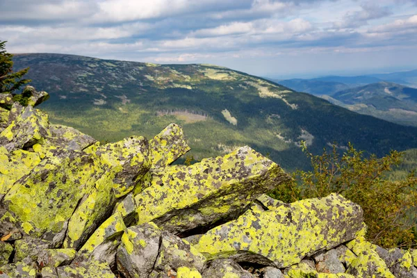 Pedras velhas com musgo amarelo em Cárpatos — Fotografia de Stock