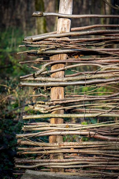 Dřevěná proutí podniku vyrábějícího vojenskou techniku na podzimní zahradě — Stock fotografie