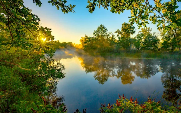 在阳光明媚的时间在河上的早晨场景 — 图库照片