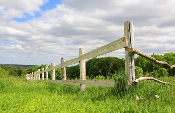 Wooden fence on green meadow — Stock Photo, Image