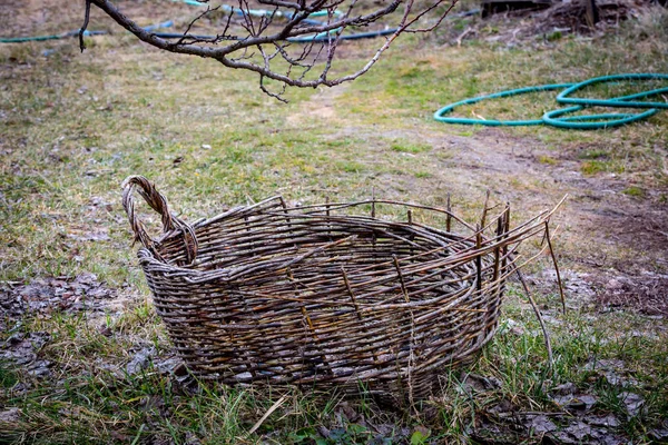 Proutěný koš na podzimní zahradě — Stock fotografie