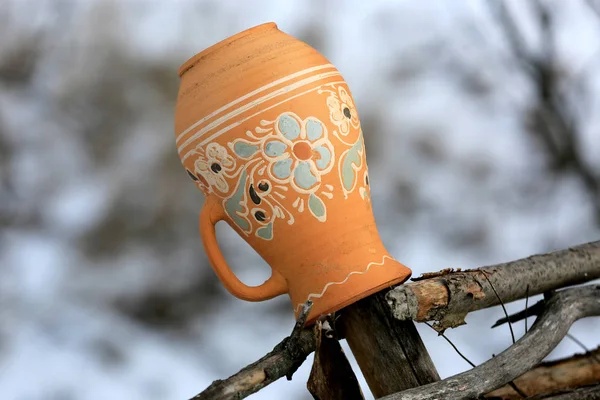 Traditionele Oekraïense Klei Kruik Een Houten Hek Dorp Opishnya Oekraïne — Stockfoto