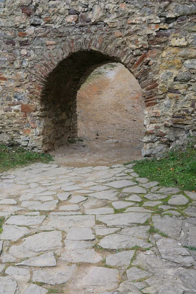 Taş duvarda eski kaldırım ve kapı — Stok fotoğraf