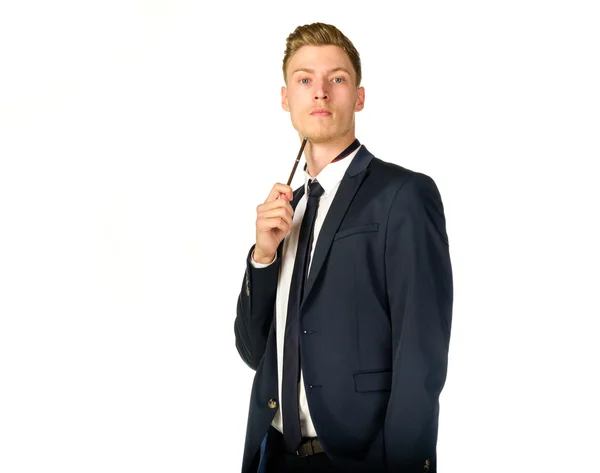 Nachdenklicher junger Geschäftsmann isoliert auf weiß — Stockfoto