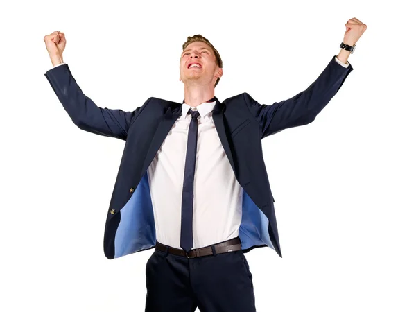 Happy young businessman raised fists — Stock Photo, Image