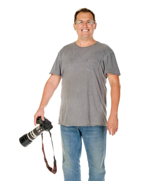 Middle age man portrait with dslr camera and big tele lens — Stock Photo, Image