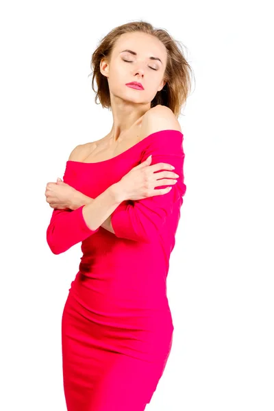 Jovem sexy magro bonita mulher vestir vestido vermelho posando isolado — Fotografia de Stock