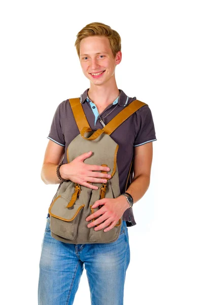 Ung pojke håller en ryggsäck i fronten, — Stockfoto