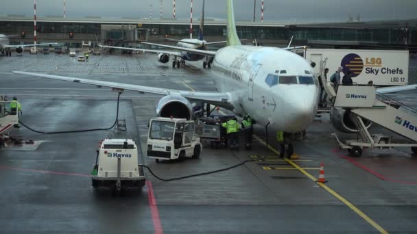 Passagiere verlassen Flugzeug, Gepäck dagegen ausladen — Stockvideo