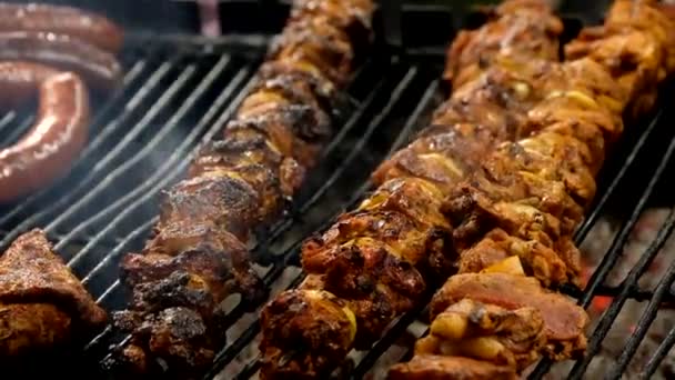 Platos de carne se preparan en fuego abierto — Vídeos de Stock