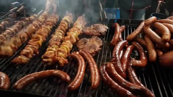 Kötträtter tillagas över öppen eld — Stockvideo