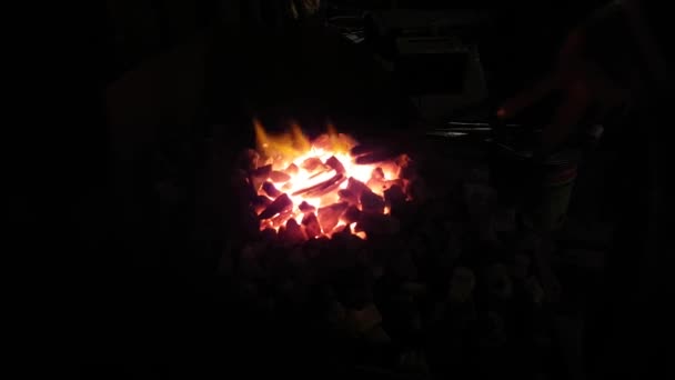 Кузнец нагревает подкову в огне — стоковое видео