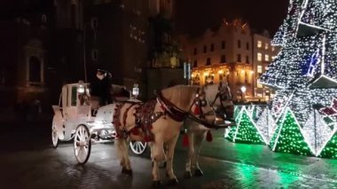 İnsanlar Noel pazarı eski şehrin ana Meydanı'nda ziyaret