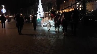 İnsanlar Noel pazarı eski şehrin ana Meydanı'nda ziyaret