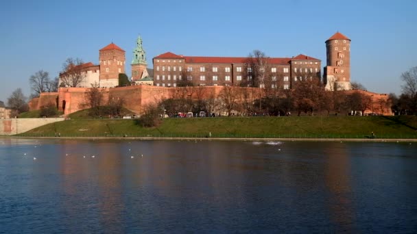 Famoso monumento Castillo de Wawel visto desde Vístula — Vídeo de stock