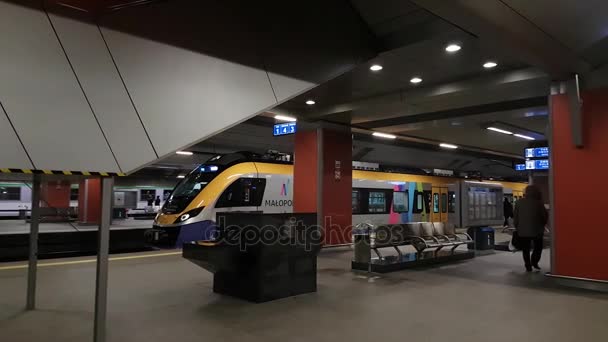 POV weergave van lopen op centraal station in de buurt van de trein — Stockvideo