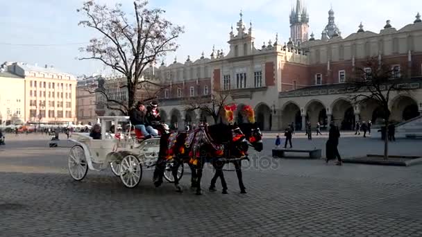 Touristen fahren mit Kutsche über Weihnachtsmarkt am Hauptplatz in der Altstadt — Stockvideo