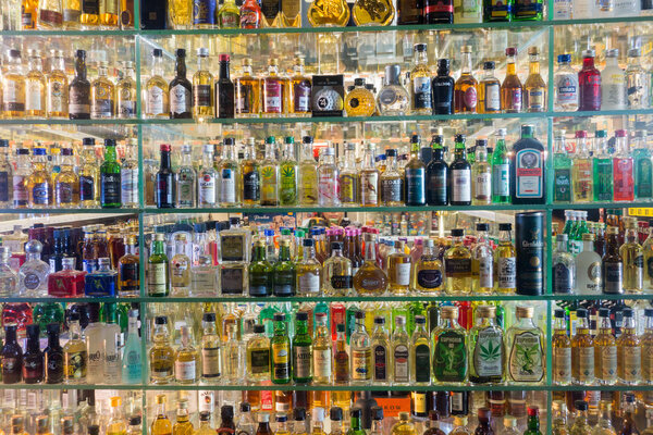Mini bar bottles collection in the alcohol shop