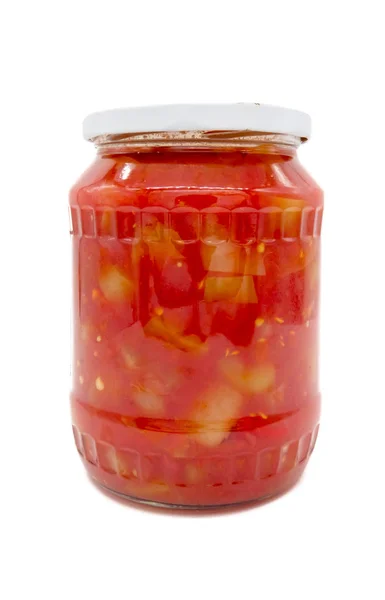 Canned peppers in tomato sauce in the jar — Stock Photo, Image