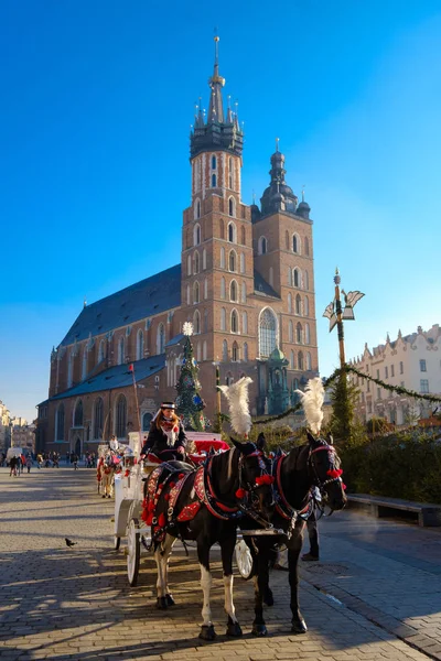 Vagnar för ridning turister på bakgrunden av Mariacki katedral — Stockfoto