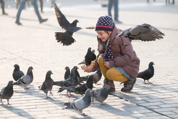 Età ragazza 6-8 anni che alimenta i piccioni nella piazza principale della città vecchia — Foto Stock