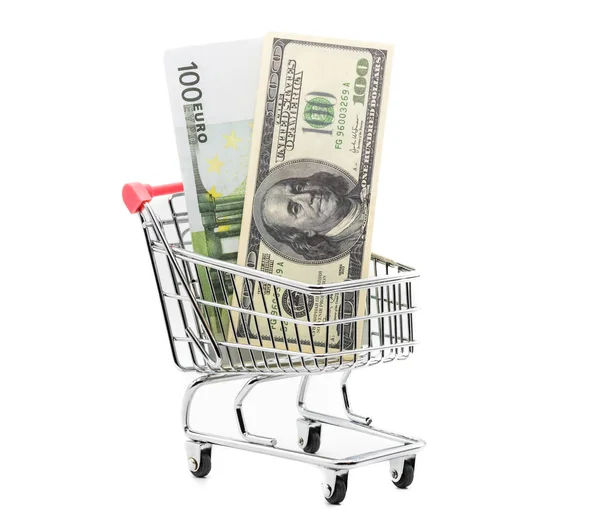 Dollár és euro készpénz bevásárlókocsiban — Stock Fotó