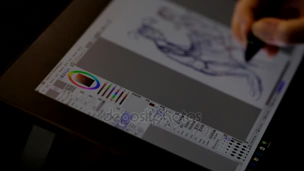 Artista desenha na tela de um tablet pc — Vídeo de Stock