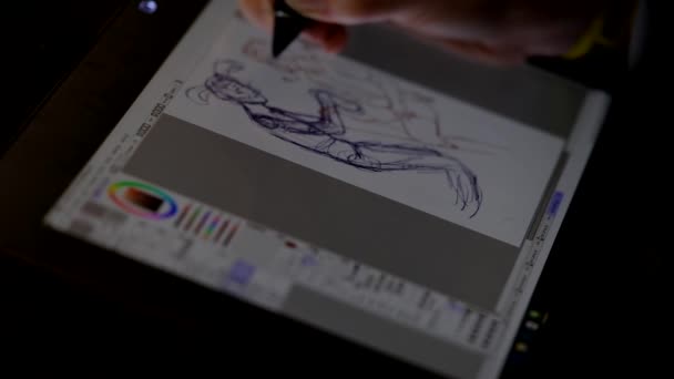 Artista dibuja en la pantalla de una tableta PC — Vídeos de Stock