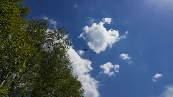 Ретро-самолет, летящий в небе — стоковое видео