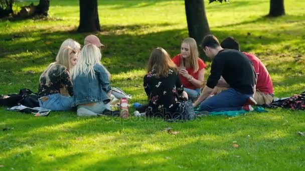 Ungdomar spelar sitter på ett gräs — Stockvideo