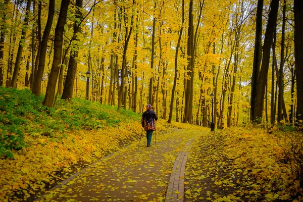Rijpe vrouw Nordic Walk wandelen in een park — Stockfoto