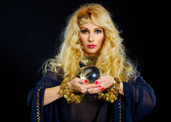 Woman fortune teller with crystal ball portrait — Stock Photo, Image