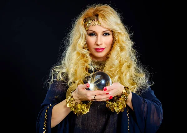 Woman fortune teller with crystal ball portrait — Stock Photo, Image
