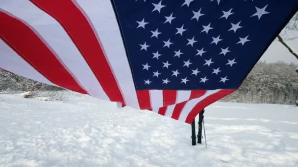 Флаг США, размахивающий на ветру, очень подробная текстура ткани — стоковое видео