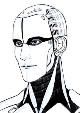 Fütüristik cyborg illüstrasyon portre beyaz arka plan izole