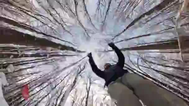 Man skidåkning i en vinter skog. — Stockvideo